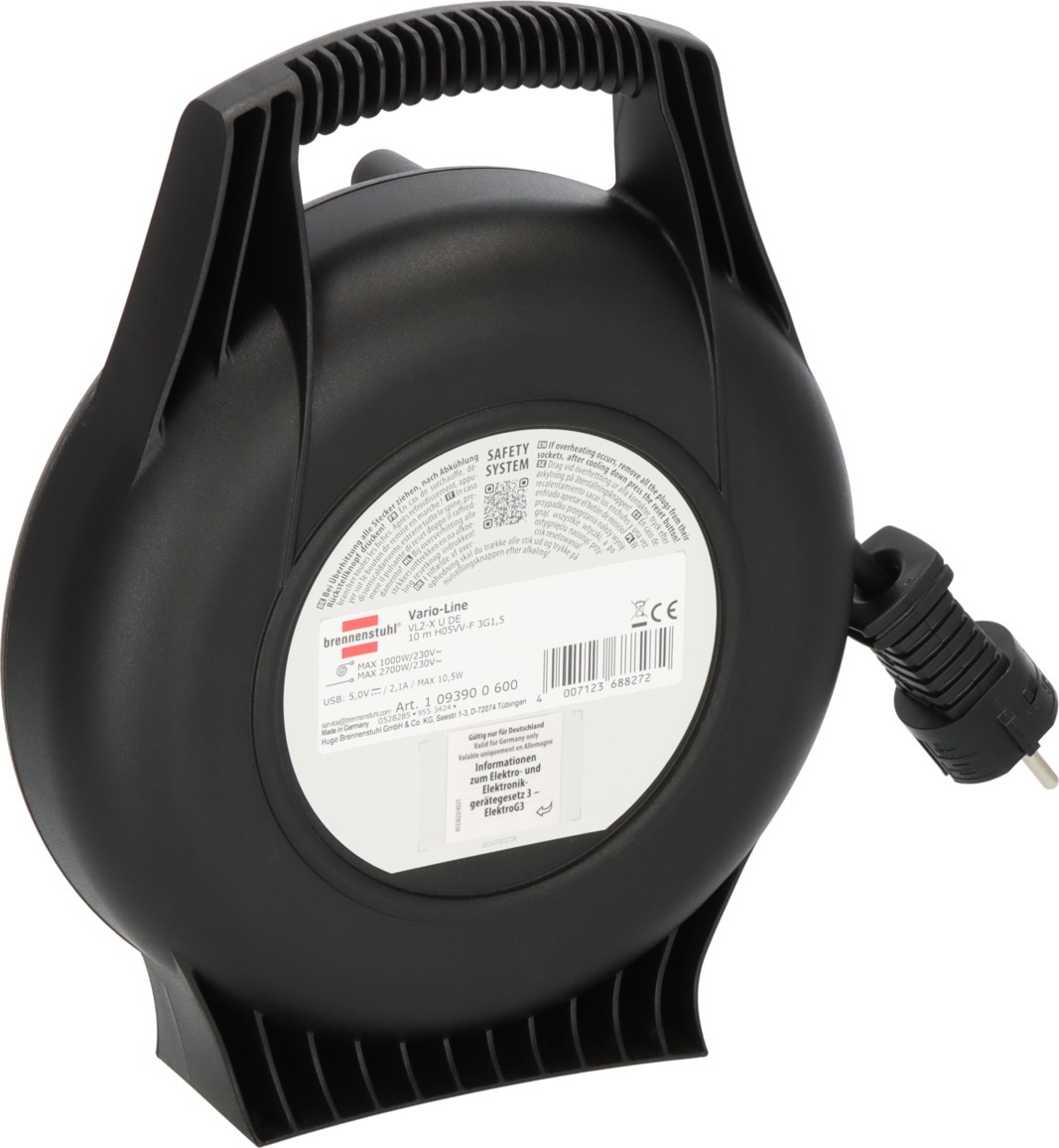 Brennenstuhl Avvolgicavo Vario Line 10m con 3 Prese AC e Ricarica USB - Interno, Nero