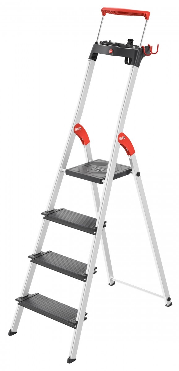 Hailo L100 Topline - Scala di sicurezza pieghevole in alluminio, 4 gradini XXL, portata fino a 150 kg, con staffa di fissaggio estraibile e blocco piattaforma