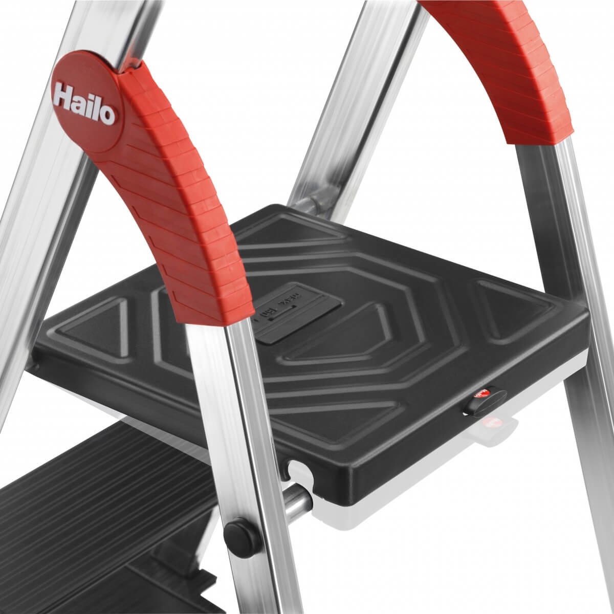 Hailo L100 Topline - Scala di sicurezza pieghevole in alluminio, 4 gradini XXL, portata fino a 150 kg, con staffa di fissaggio estraibile e blocco piattaforma
