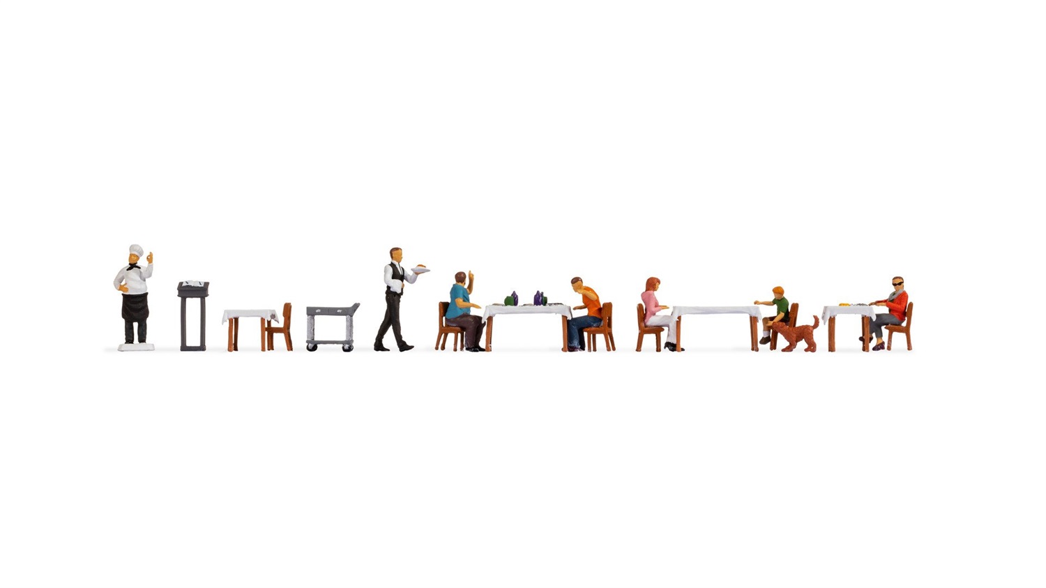 Noch 16246 - Set di Figurine a Tema Ristorante con Ospiti, Cameriere e Accessori Colorati a Mano