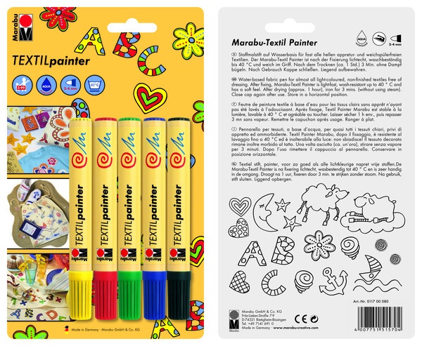 Marabu Pennarelli Textil Painter per Tessuti, Confezione da 5 con Tratto 2-4 mm, Resistenti alla Luce e Lavabili
