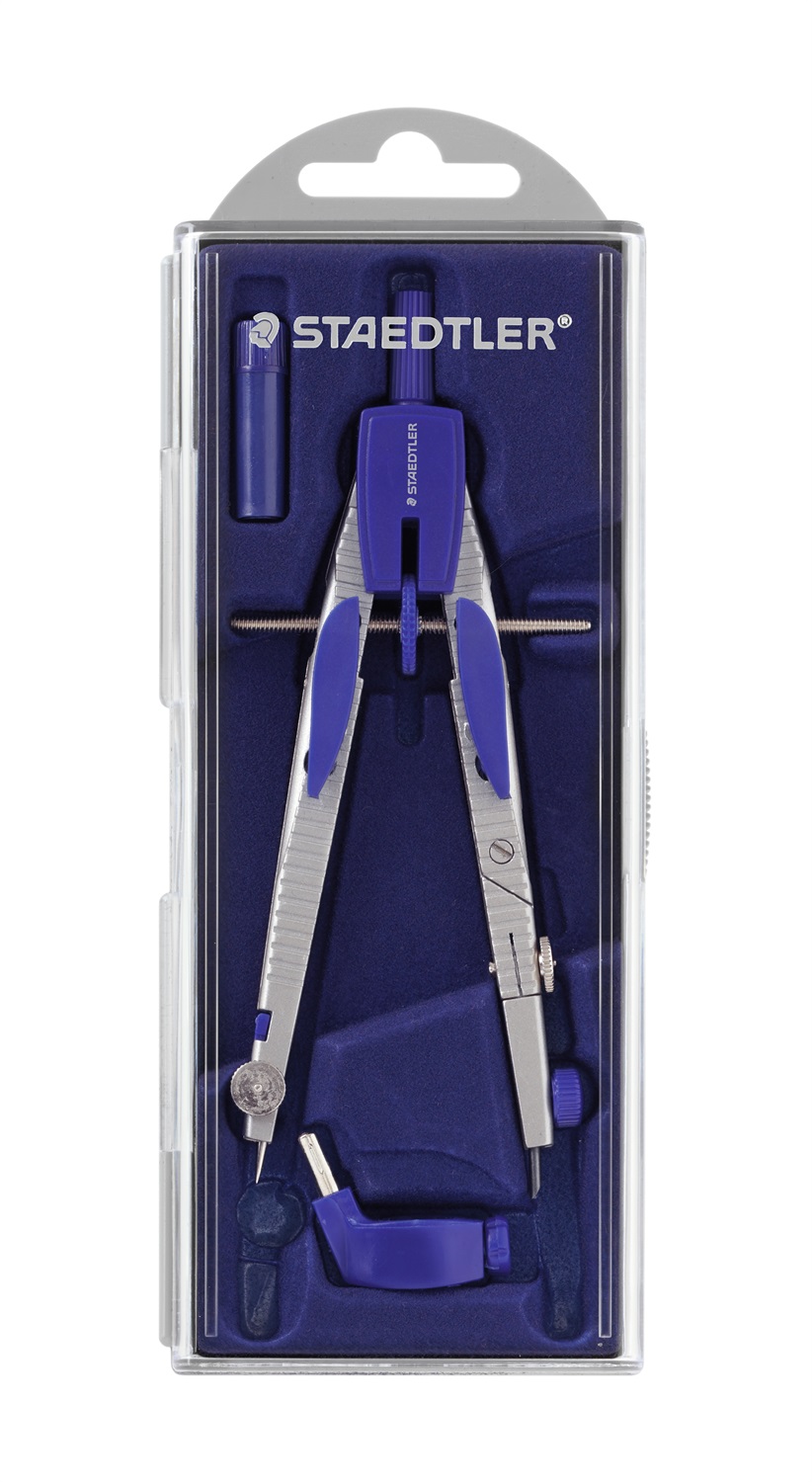 STAEDTLER Compasso Scolastico a Frizione 553 - Apertura Rapida, Regolazione Micrometrica, Aste Articolate, Diametro Max Cerchi 360 mm, Adattatore Universale e Mine di Ricambio