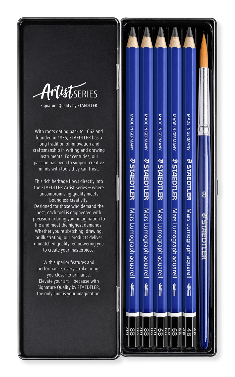 Staedtler 100A G6 Matite Acquerellabili - Astuccio Metallo con 5 Matite e 1 Pennello Mars Lumograph