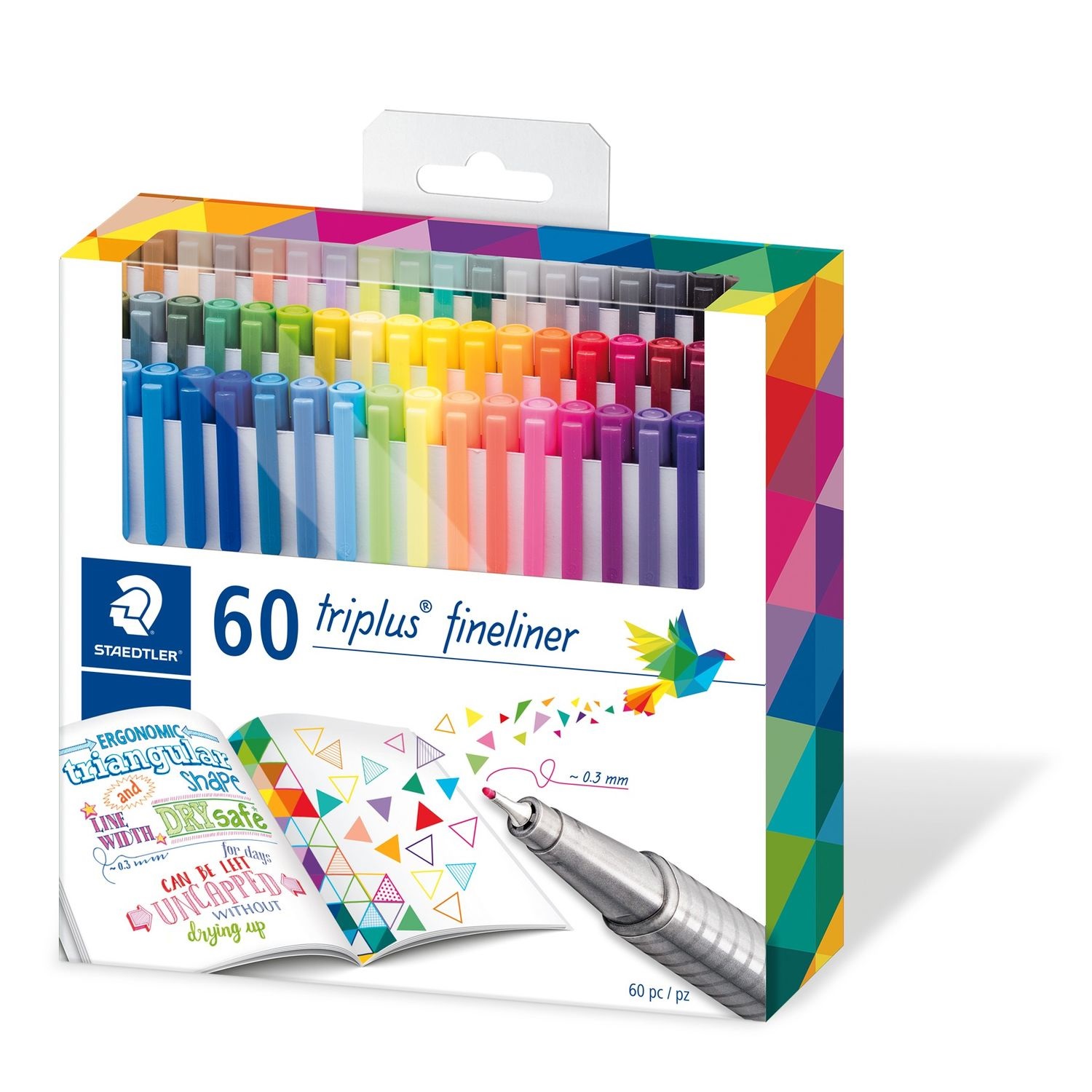 STAEDTLER Fineliner Triplus - Set di 60 penne triangolari superfini con punta in metallo, colori brillanti e larghezza linea di 0,3 mm