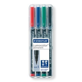 Staedtler Lumocolor 313 WP4 Marcatore Permanente Assortito (Nero, Blu, Verde, Rosso) - Punta Fine 0,4 mm, Inchiostro Indelebile, Resistente all'Acqua e allo Strofinamento, Formula DrySafe