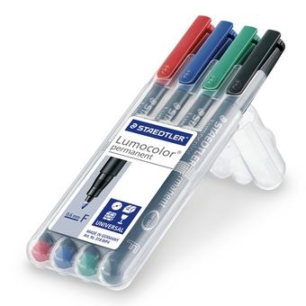 Staedtler Lumocolor 318 WP4 Marcatore Permanente Punta Fine 0,6 mm Assortiti (Nero, Blu, Verde, Rosso) - Astuccio da 4 Pezzi
