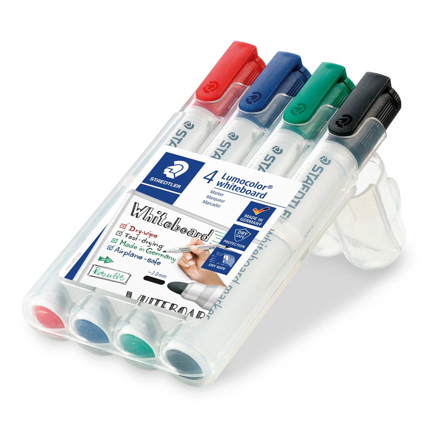 Staedtler Lumocolor 351 B WP4 - Set di 4 Pennarelli per Lavagne Bianche, Colori Assortiti, Punta Tonda, Tratto 2 mm, Cancellabili e Utilizzabili su Vetro e Porcellana