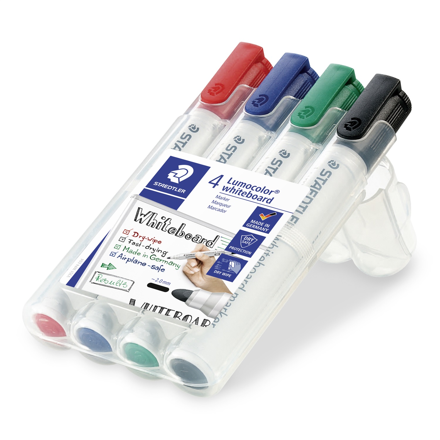 Staedtler Lumocolor Whiteboard Marker 351 WP4 - Marcatore per Lavagne Bianche, Confezione da 4 Pezzi, Punta Tonda, Inchiostro Subito Asciutto