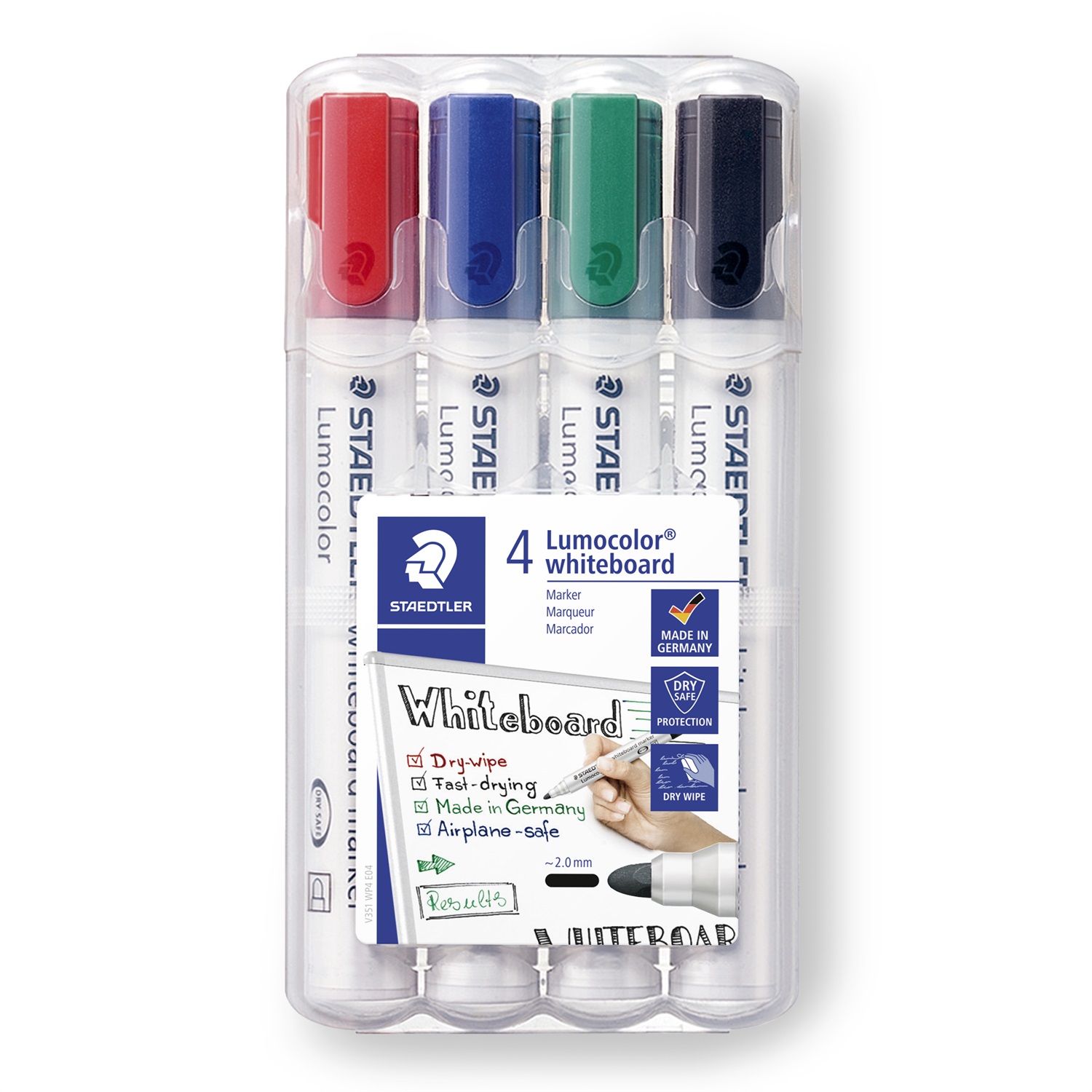 Staedtler Lumocolor Whiteboard Marker 351 WP4 - Marcatore per Lavagne Bianche, Confezione da 4 Pezzi, Punta Tonda, Inchiostro Subito Asciutto