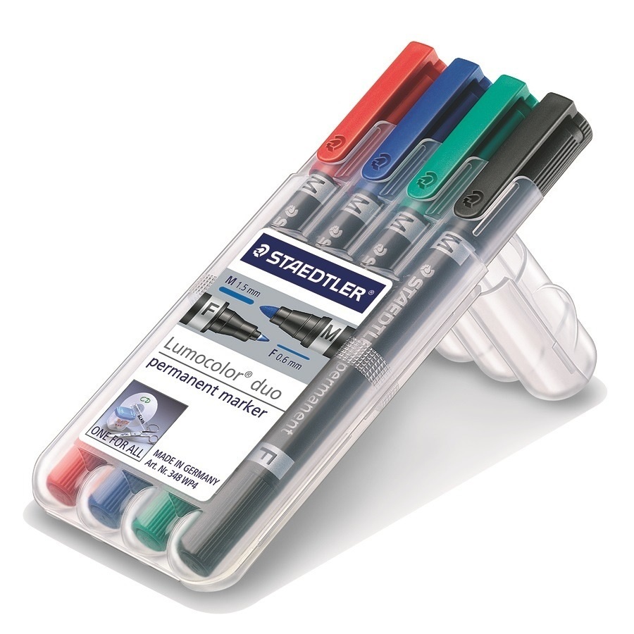 Staedtler Lumocolor Permanent Duo 348 - Marcatore con doppia punta (0,6mm e 1,5mm) - Astuccio da 4 colori - Inchiostro permanente resistente all'acqua e allo strofinamento