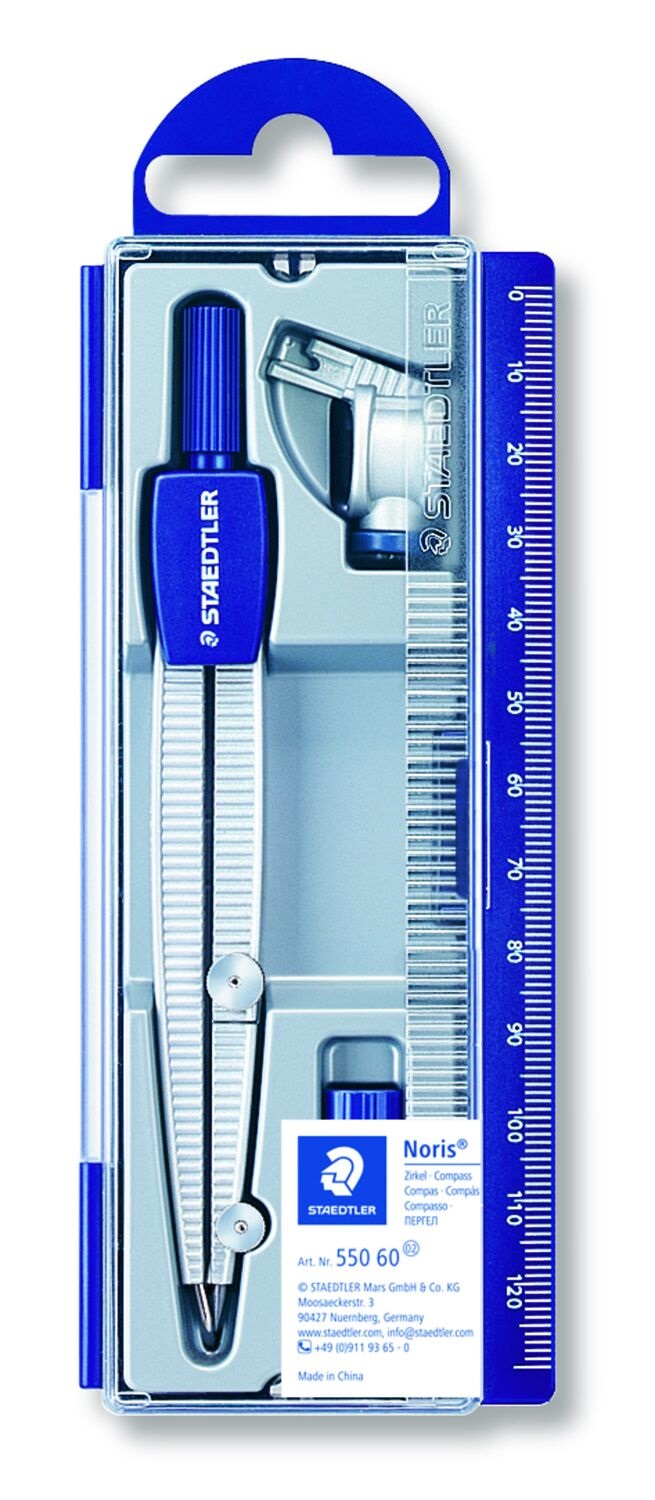 Staedtler Compasso Noris® 550 60 - Compasso scolastico con adattatore universale, diametro max. 300 mm, lunghezza 124 mm, in astuccio con coperchio a cerniera