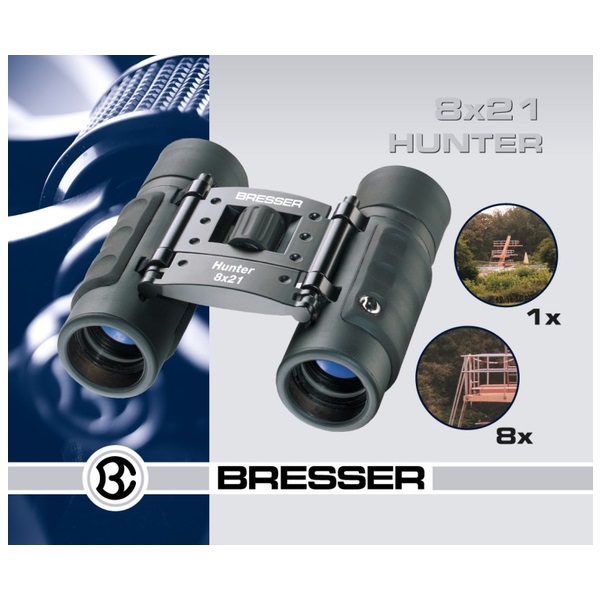 Bresser Hunter 8x21 Binocolo - Ingrandimento 8x, Diametro obiettivo 21 mm, Campo visivo 126 m, Prismi BK-7, Rivestimento in gomma