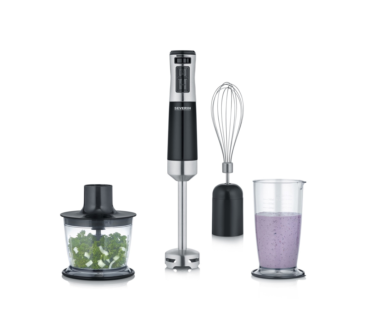 Severin SM 3772 Frullatore a Immersione 600 W con Set di Accessori, Nero e Acciaio Inossidabile Spazzolato