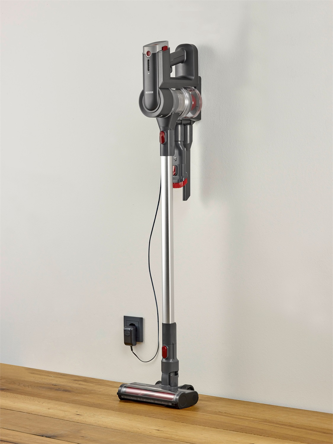 Severin HV 7968 Aspirapolvere Ricaricabile Senza Fili 2 in 1 con Motore Digitale 300W, Potenza di Aspirazione fino a 20kPa, Spazzola Elettrica con Illuminazione LED, Capacità Sacchetto 0,4L - Antracite/Rosso/Argento