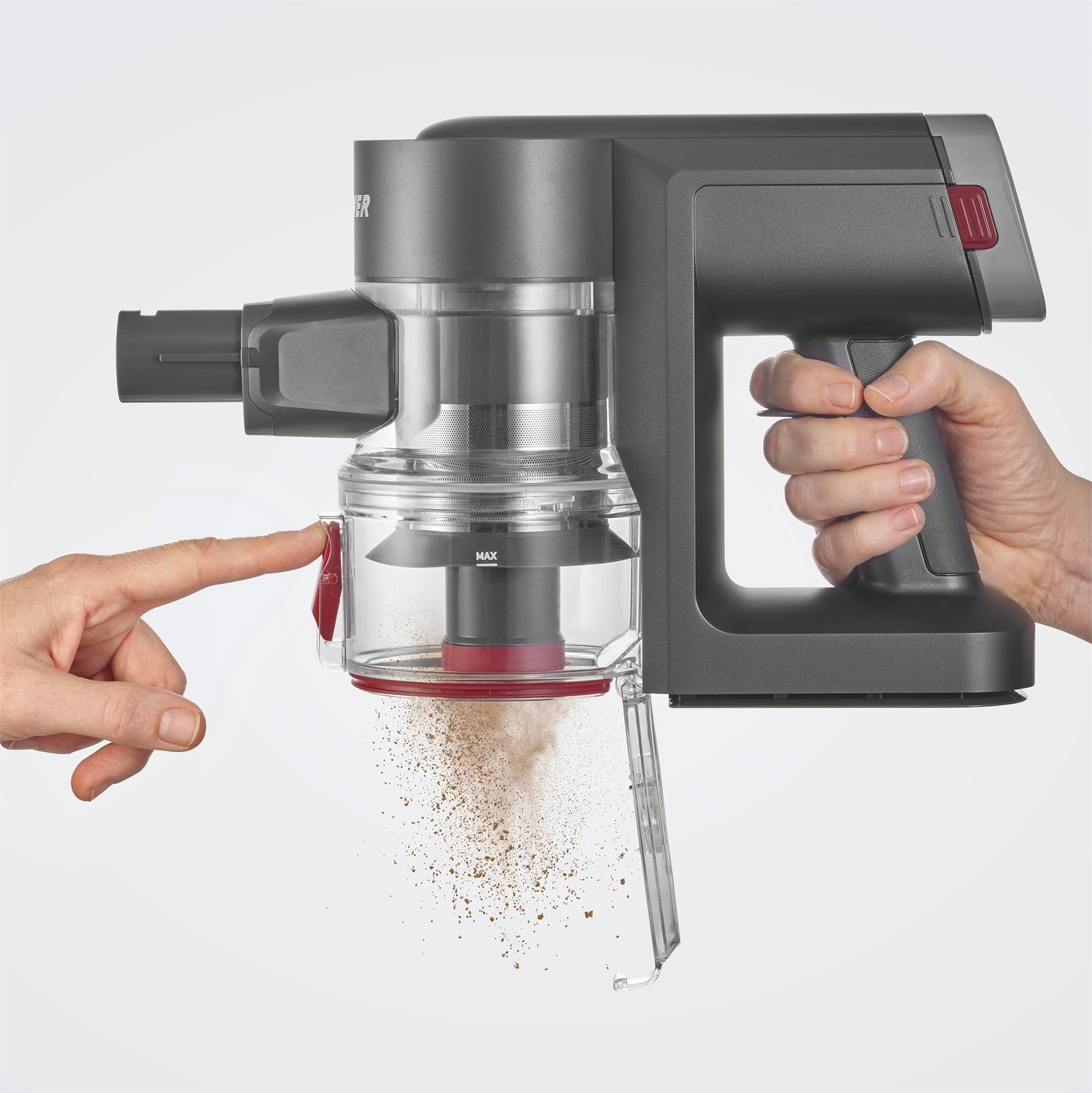 Severin HV 7968 Aspirapolvere Ricaricabile Senza Fili 2 in 1 con Motore Digitale 300W, Potenza di Aspirazione fino a 20kPa, Spazzola Elettrica con Illuminazione LED, Capacità Sacchetto 0,4L - Antracite/Rosso/Argento