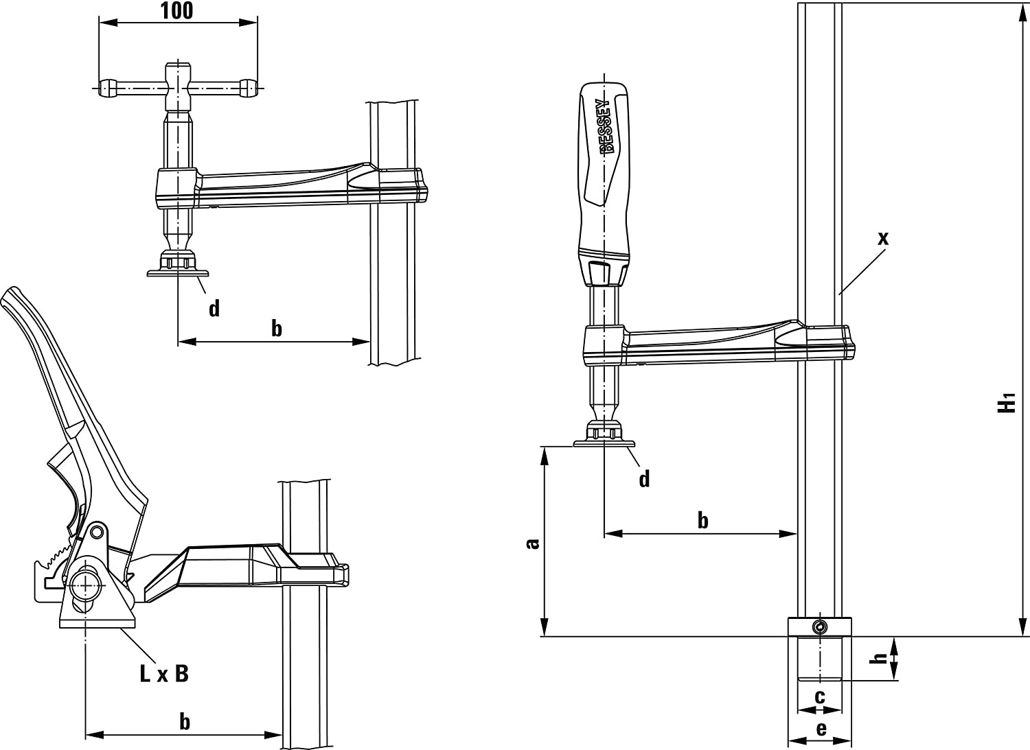 BESSEY TW16-20-10-2K - Elemento di Serraggio per Tavoli di Saldatura, Larghezza di Serraggio 200 mm, Gola 100 mm, Ø 16 mm, Forza di Serraggio fino a 3.000 N, Peso 0,93 kg