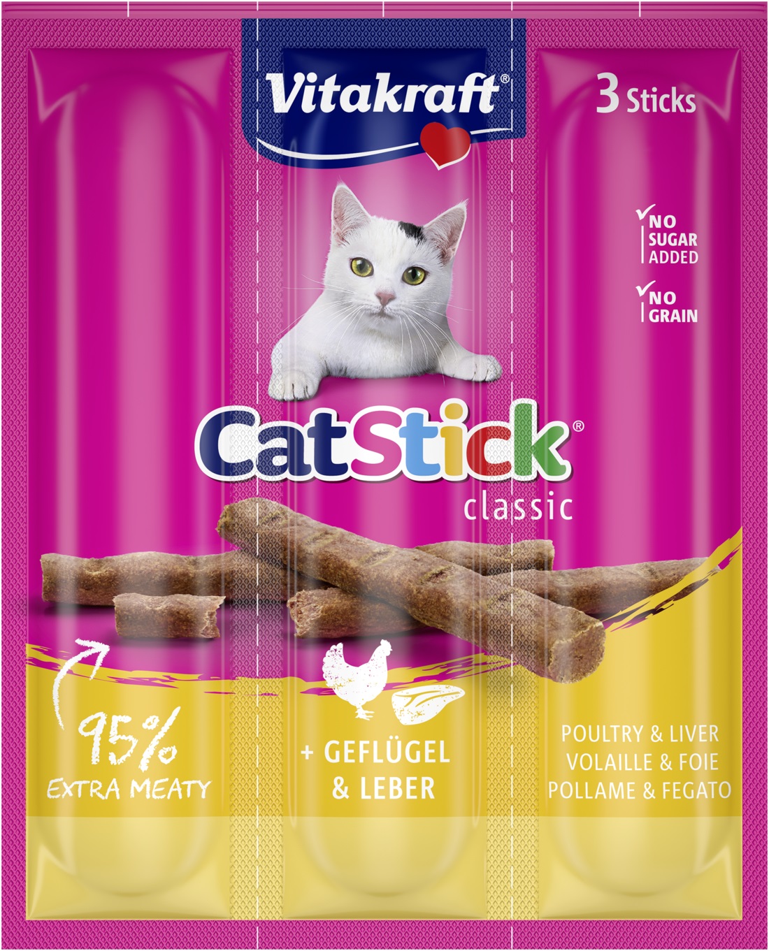 Vitakraft Cat Stick Mini Pollo e Fegato - Snack per Gatti - 3 Bastoncini da 18 g - Senza Zucchero e Additivi Artificiali
