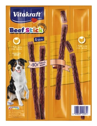 Vitakraft Beefstick Snack per Cane con Tacchino - Confezione da 4 Bastoncini, Alto Contenuto di Carne (oltre 90%), Privi di Zucchero