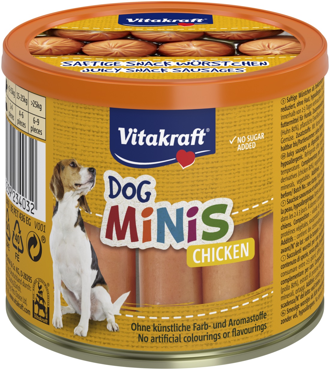 Vitakraft Dog Minis Salsicce di Pollo per Cani - Snack Complementare 120g, Privo di Coloranti e Aromatizzanti Artificiali