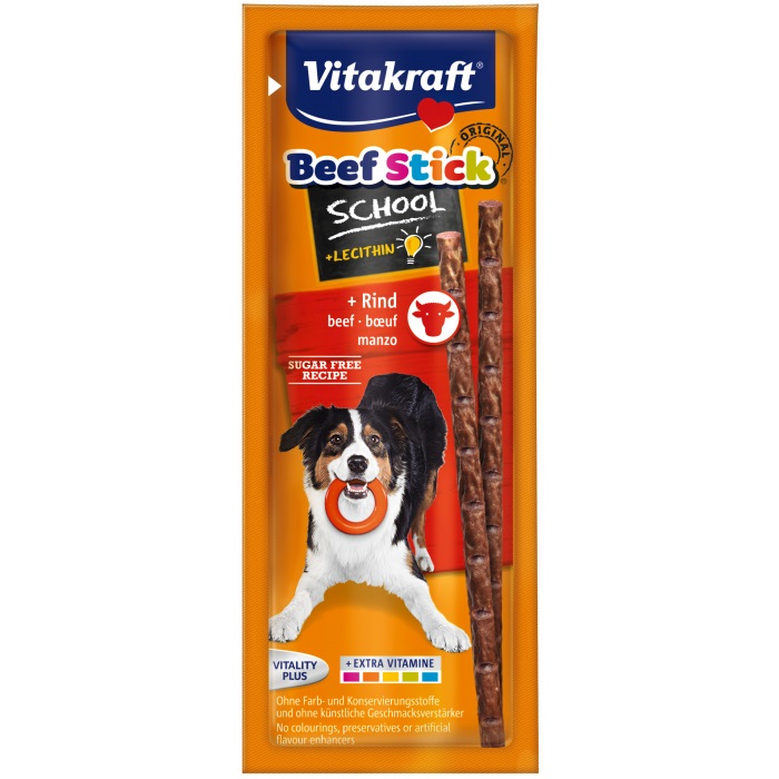 Vitakraft Beefstick School - Bastoncini di manzo per cani, Confezione da 10 bastoncini, Snack ricchi di carne e vitamine, Senza zucchero e coloranti