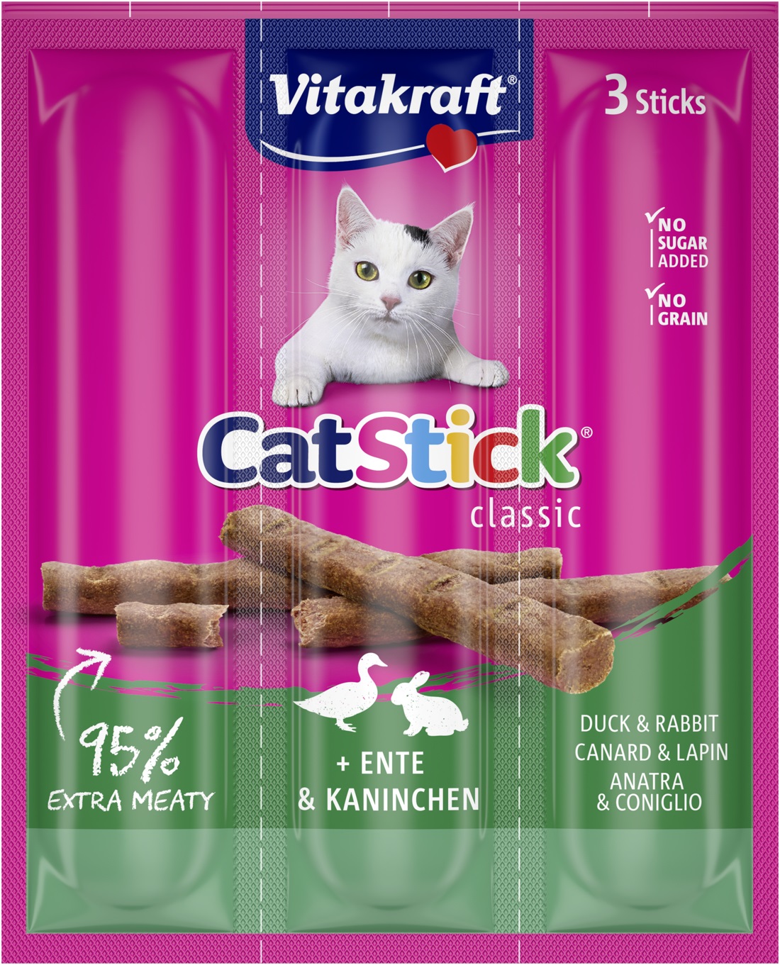 Vitakraft Cat Stick Mini Snack per Gatti - Anatra e Coniglio, 3 Pz, 18 g - Ricco di Carne e Vitamine, Senza Zuccheri Aggiunti