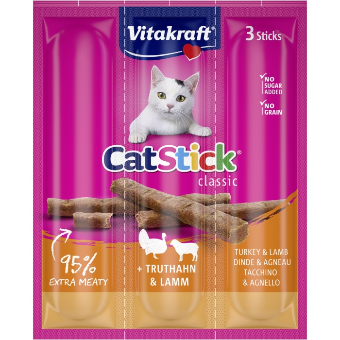 Vitakraft Cat Stick Mini - Snack per Gatti al Tacchino e Agnello, 3 Pz, 18 Gr, Ricco di Carne e Senza Zuccheri