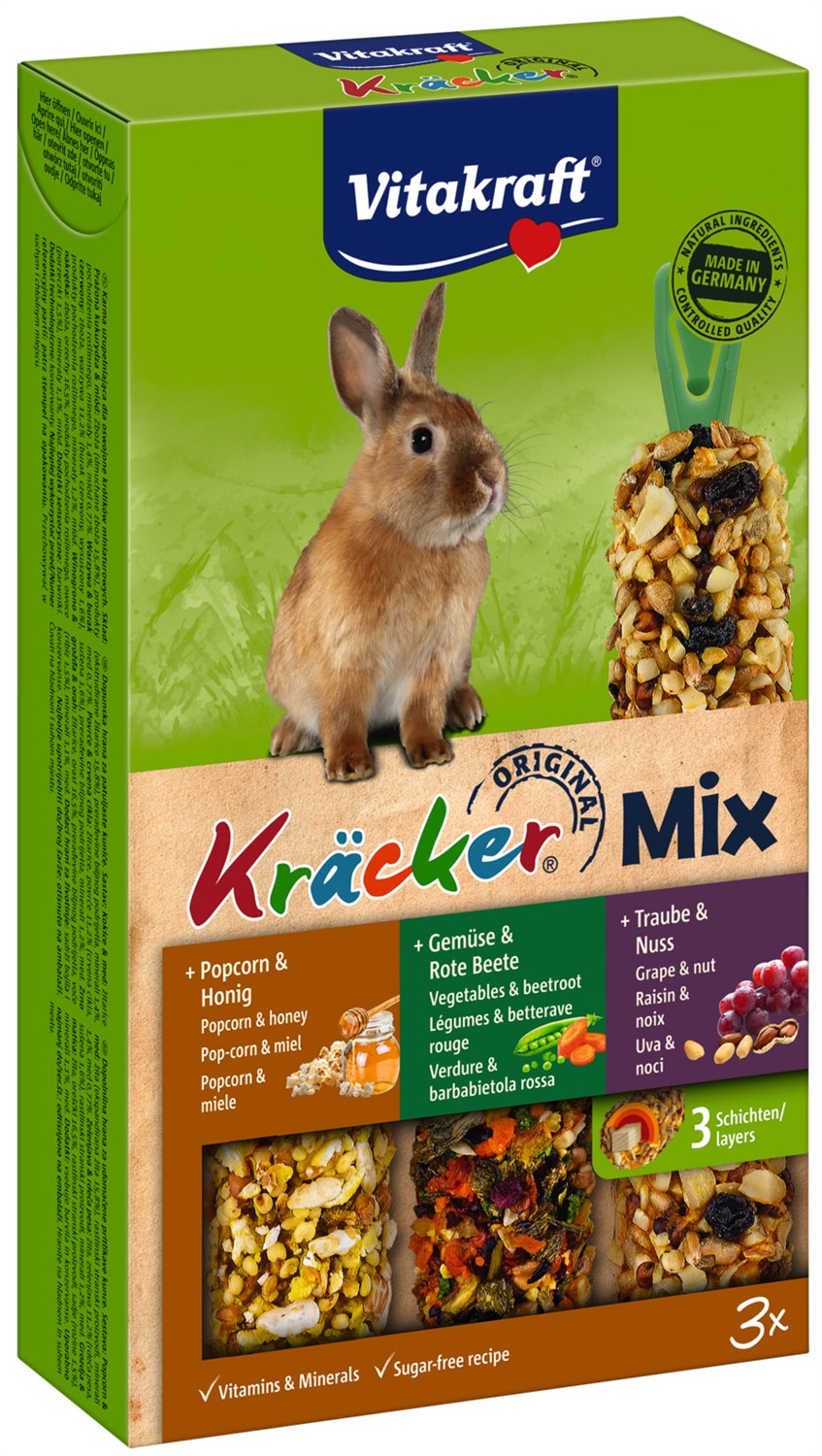 Vitakraft Kraecker Trio Mix per Conigli Nani - Snack con Popcorn, Verdure e Uva - 3 x 3 pz, Senza Zuccheri Aggiunti