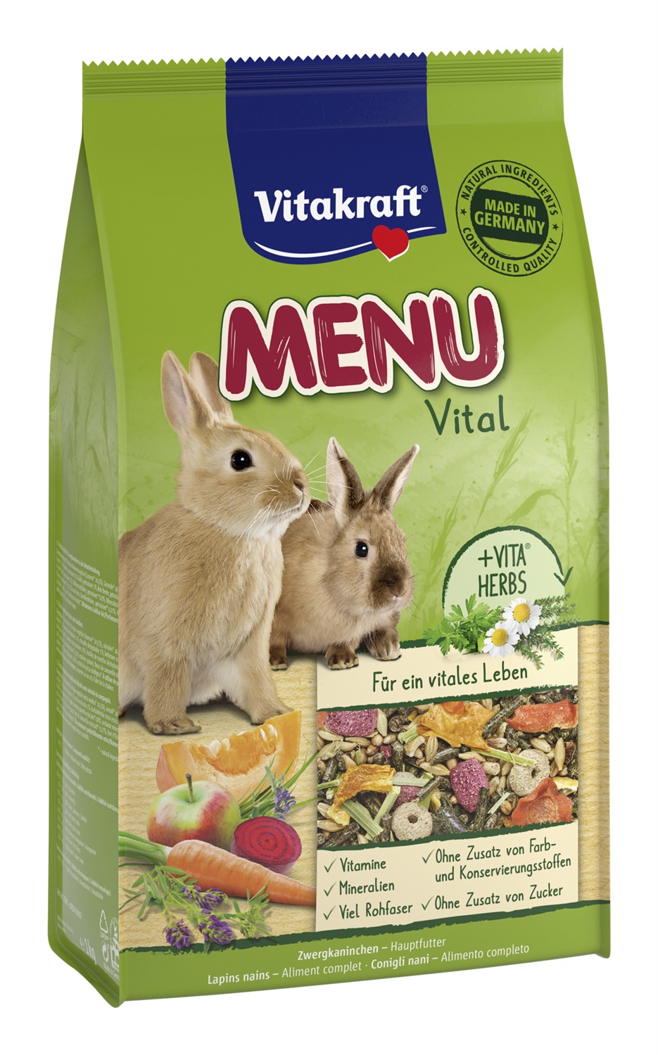 Vitakraft Menu Vital 1 kg - Alimento Completo per Coniglio Nano con Erbe Aromatiche e Verdura, Ricco di Fibre e Senza Zuccheri Aggiunti