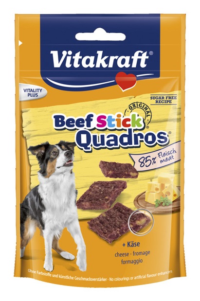 Vitakraft Beef Stick Quadros 70 g - Snack per Cani con Manzo e Formaggio, Senza Zuccheri e Cereali, Confezione con Zip