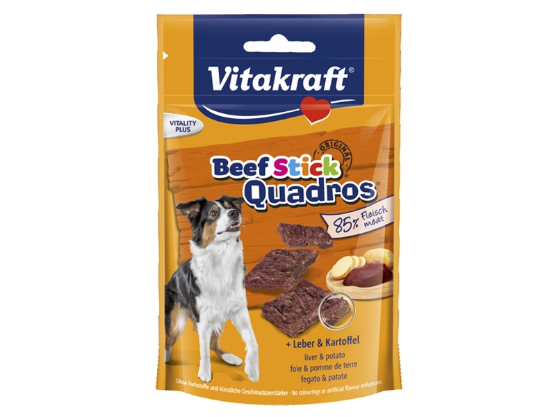 Vitakraft Beef Stick Quadros Snack per Cani con Manzo, Fegato e Patate - 70 g, Senza Zuccheri e Cereali