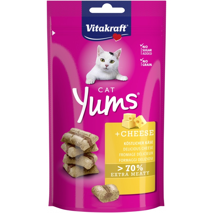 Vitakraft Cat Yums Snack per Gatto con Formaggio - 40 g, Morbidi Bocconcini Ricchi di Carne, Senza Zucchero, Confezione Salva-Freschezza