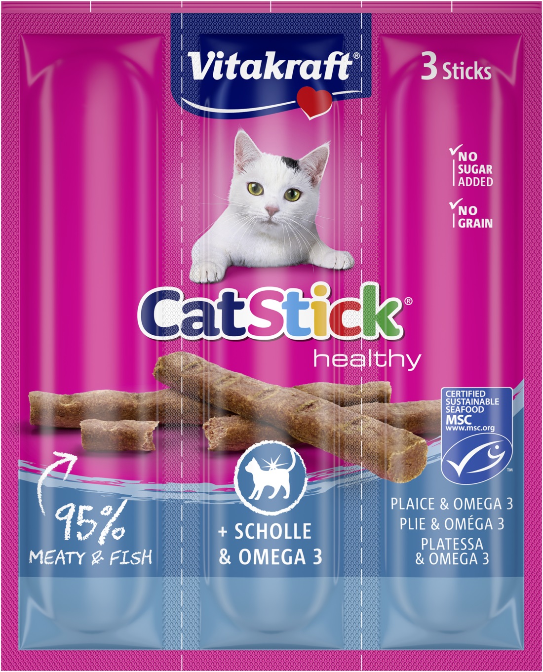 Vitakraft Cat Stick Mini Sogliola e Platessa con Omega 3 - Snack per Gatti - 3 Pezzi da 18 g