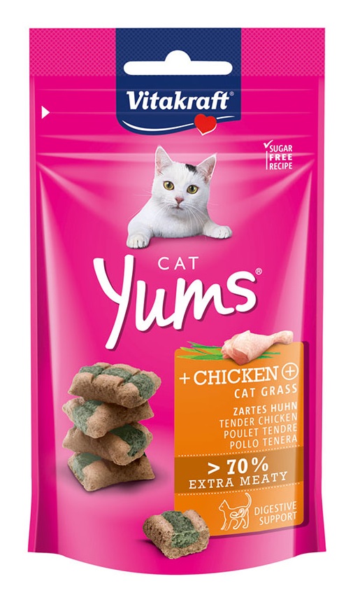 Vitakraft Cat Yums Snack per Gatti - Pollo e Erba Gatta, 40 g, Morbidi Bocconcini Ricchi di Carne, Senza Zuccheri e Cereali, Con Inulina