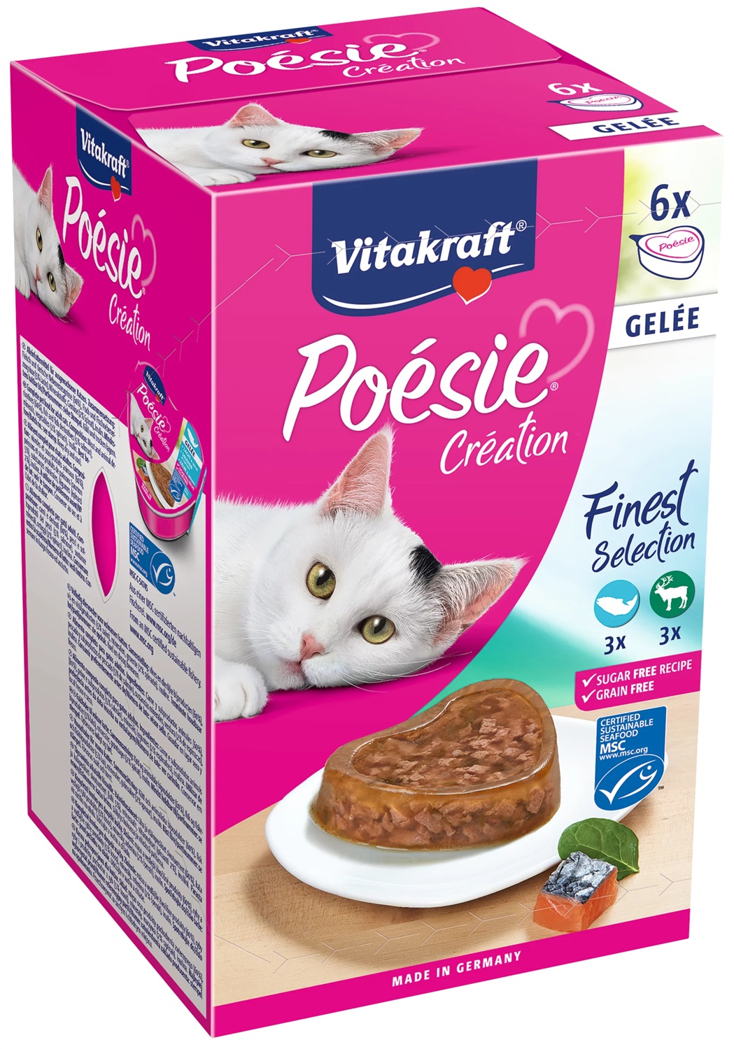 Vitakraft Poésie Création Gelatina per Gatti - Multipack 6 x 85g con Salmone, Spinaci e Selvaggina, Senza Zuccheri e Cereali