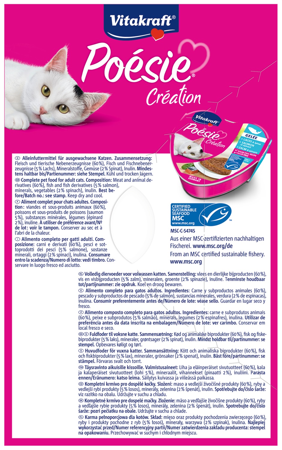 Vitakraft Poésie Création Gelatina per Gatti - Multipack 6 x 85g con Salmone, Spinaci e Selvaggina, Senza Zuccheri e Cereali