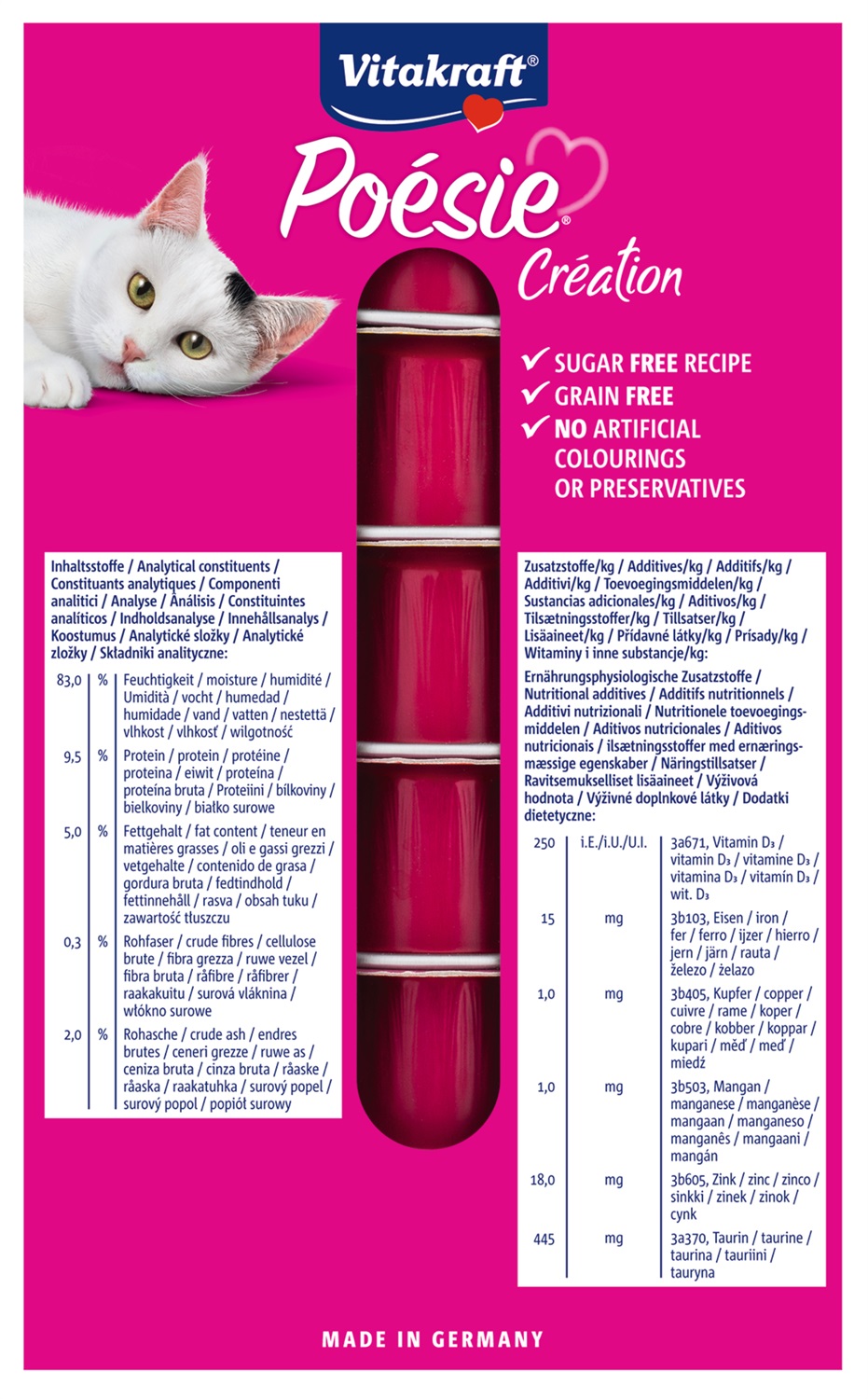 Vitakraft Poésie Création Gelatina per Gatti - Multipack 6 x 85g con Salmone, Spinaci e Selvaggina, Senza Zuccheri e Cereali