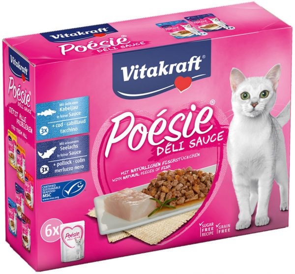 Vitakraft Poésie Délice cibo umido per gatti adulti in salsa con pesce, senza zuccheri e cereali, confezione da 6 x 85 g