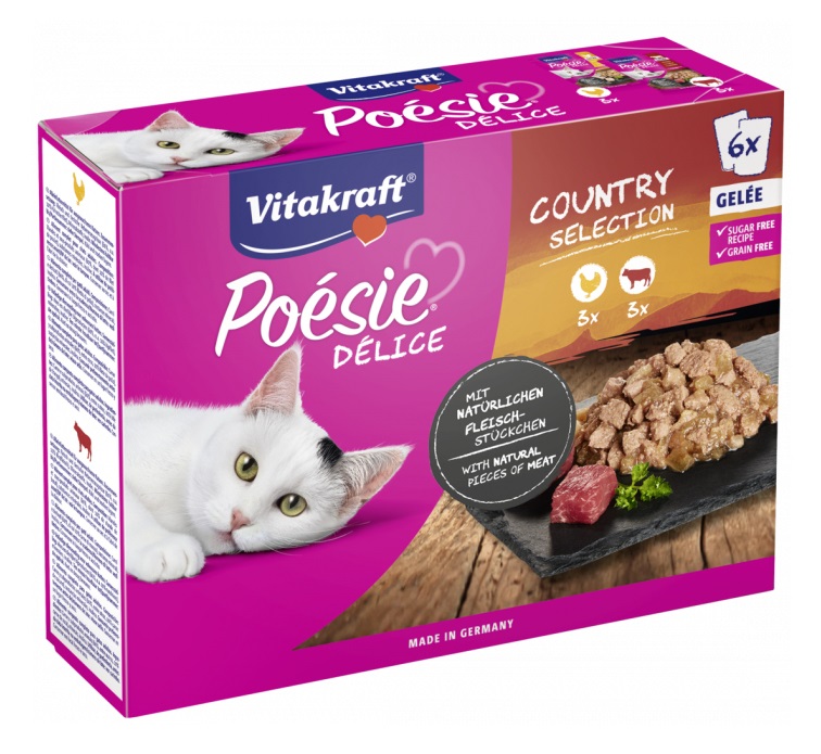 Vitakraft Poésie Délice Country Selection - Alimento Umido per Gatti in Gelatina con Pollo e Manzo, Multipack da 6 x 85 g, Senza Zuccheri e Conservanti