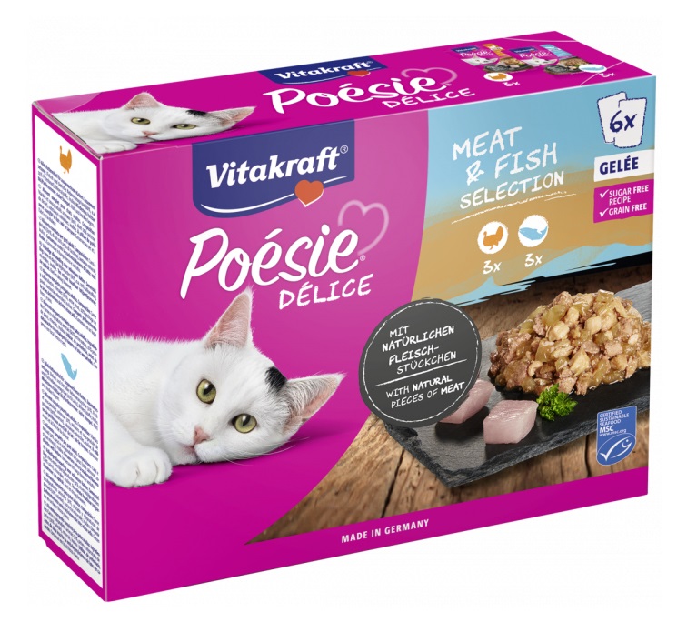 Vitakraft Poésie Délice 6 x 85 g - Alimento Umido per Gatti con Carne e Pesce in Gelée, Senza Zuccheri e Cereali