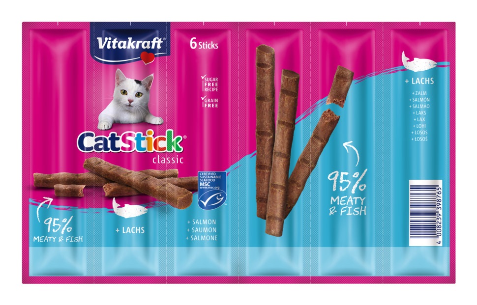 Vitakraft Catstick Classic Bastoncini Snack per Gatti al Salmone - 6 Sticks, Alto Contenuto di Carne e Pesce, Confezionati Individualmente