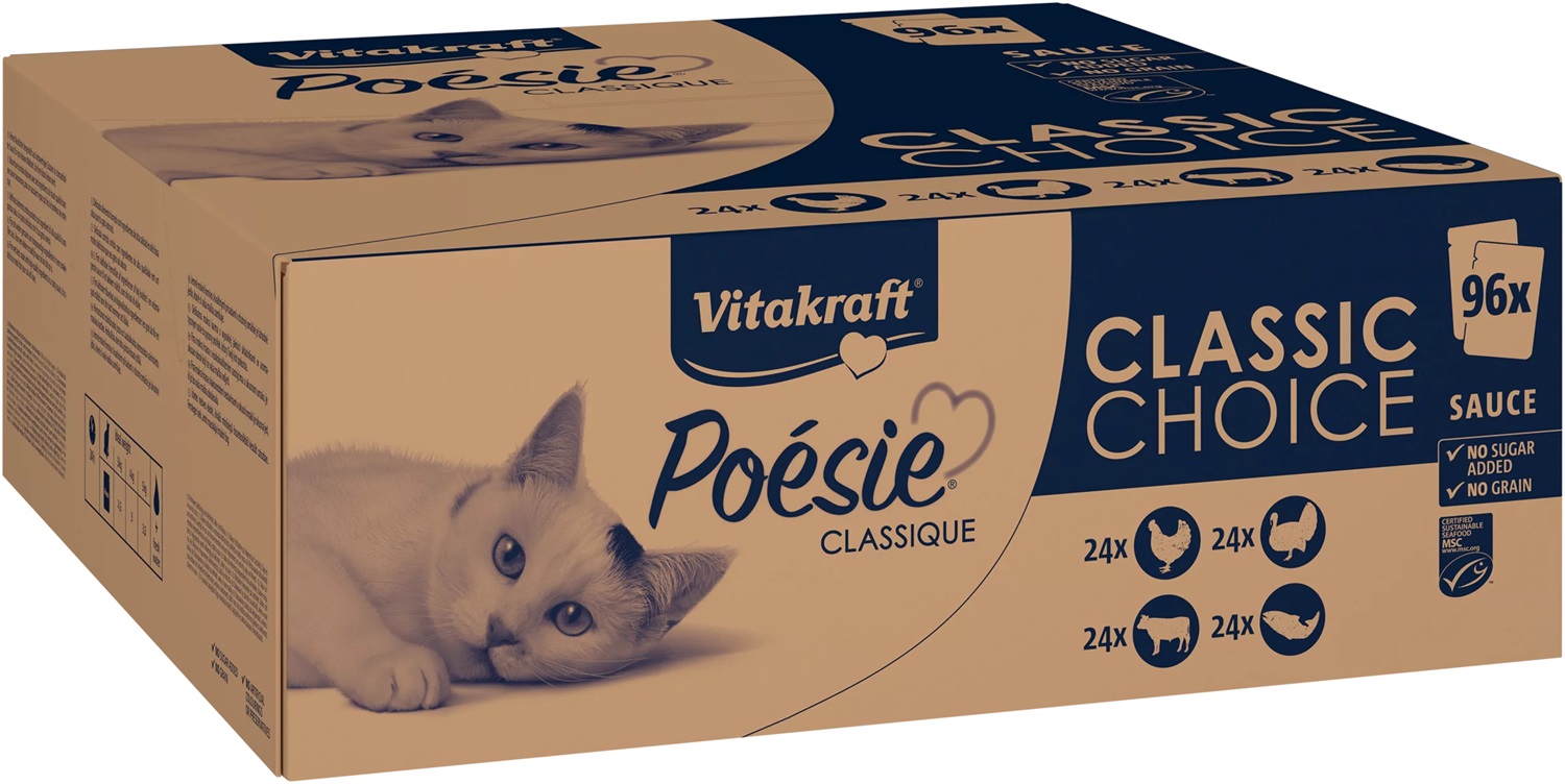 Vitakraft Poésie Classique - Alimento Umido per Gatti in Salsa, Confezione Scorta 96x85g, con Pollo, Tacchino, Manzo e Salmone, Senza Zuccheri e Cereali