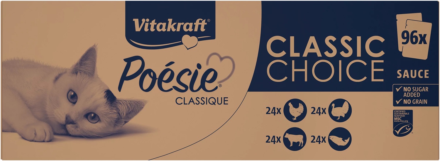 Vitakraft Poésie Classique - Alimento Umido per Gatti in Salsa, Confezione Scorta 96x85g, con Pollo, Tacchino, Manzo e Salmone, Senza Zuccheri e Cereali
