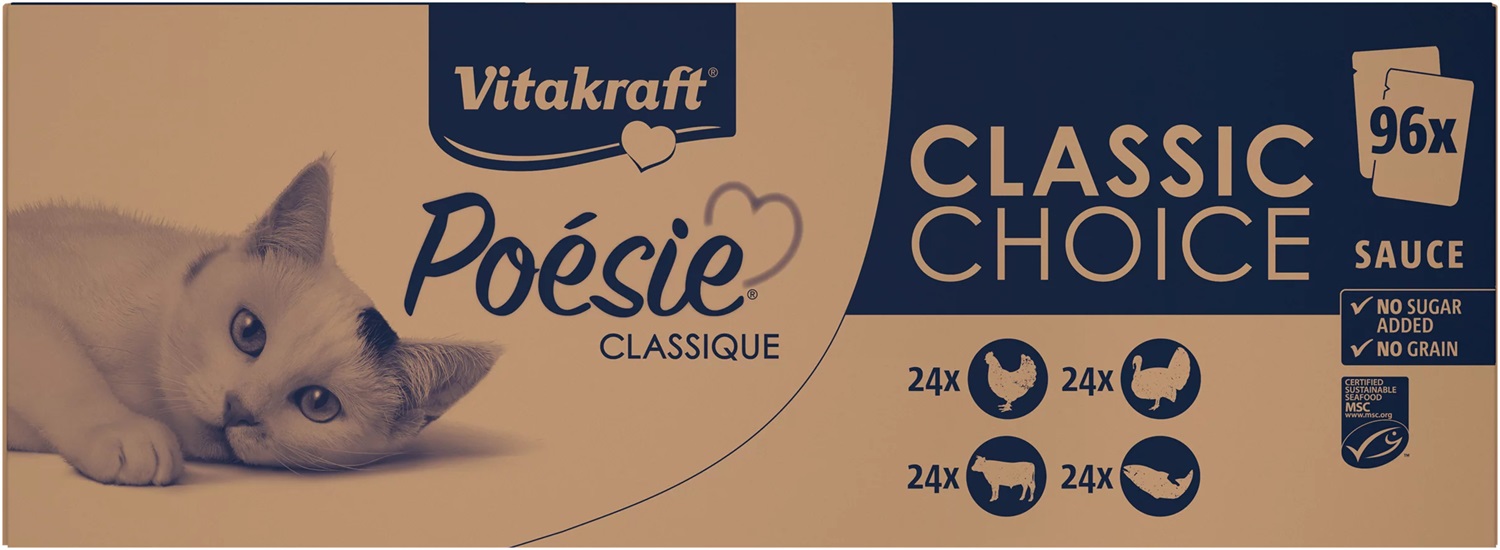 Vitakraft Poésie Classique - Alimento Umido per Gatti in Salsa, Confezione Scorta 96x85g, con Pollo, Tacchino, Manzo e Salmone, Senza Zuccheri e Cereali