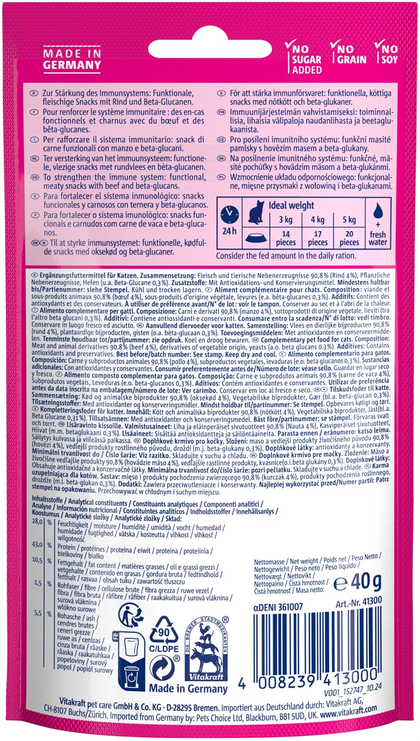 Vitakraft Vita Hearts Immunity - Snack per Gatti al Manzo da 40 g con Betaglucani per un Sistema Immunitario Forte