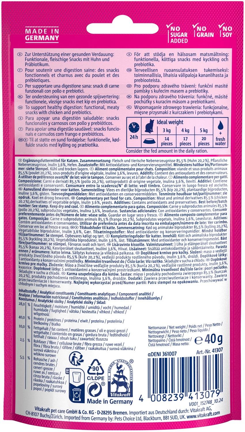 Vitakraft Vita Hearts Digestion - Snack per Gatti con Pollo e Inulina per un Intestino Sano (40 g)