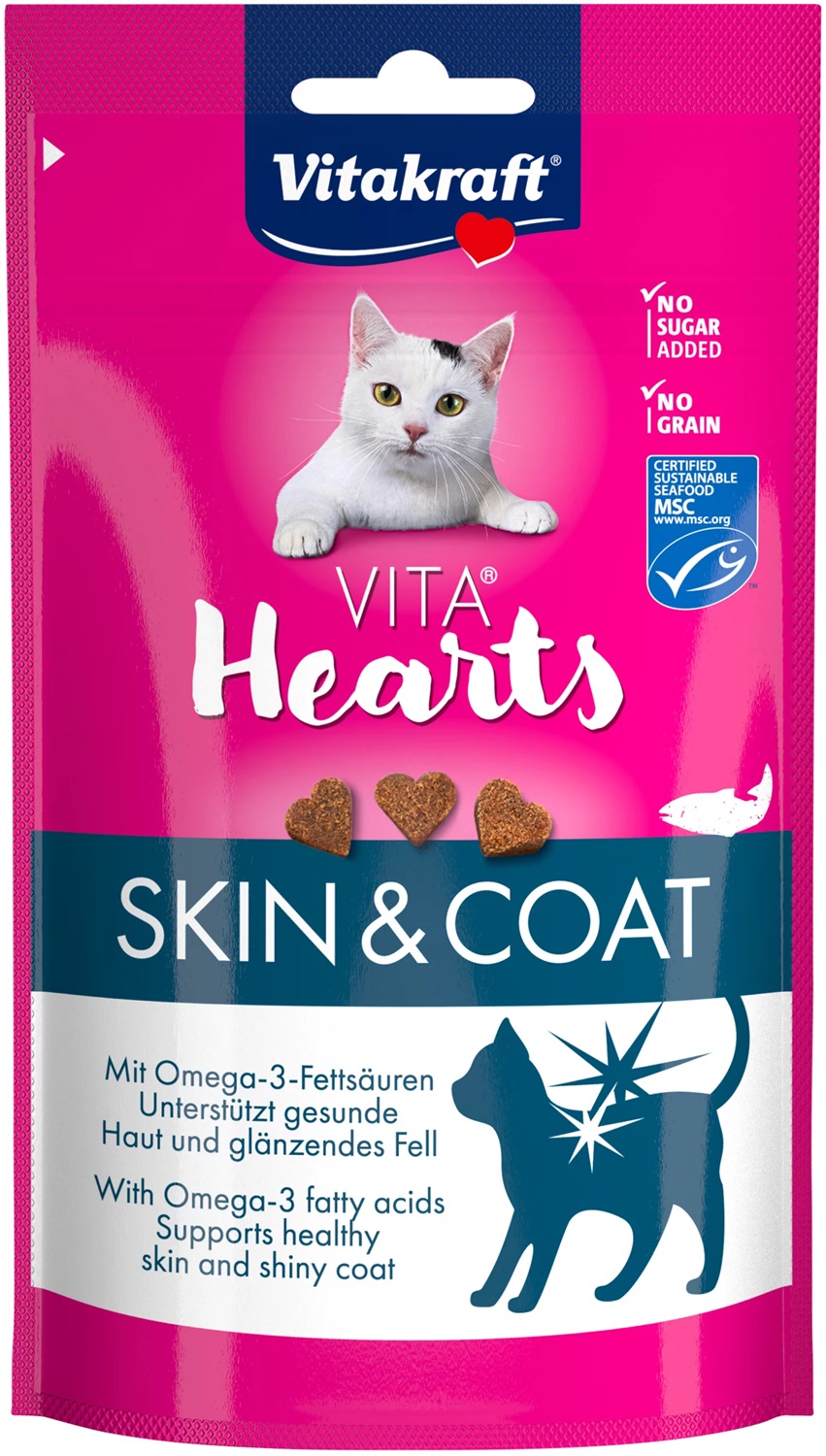 Vitakraft Vita Hearts Skin & Coat Salmone - Snack per Gatti con Omega-3 per Pelle Sana e Manto Lucente - 40 g