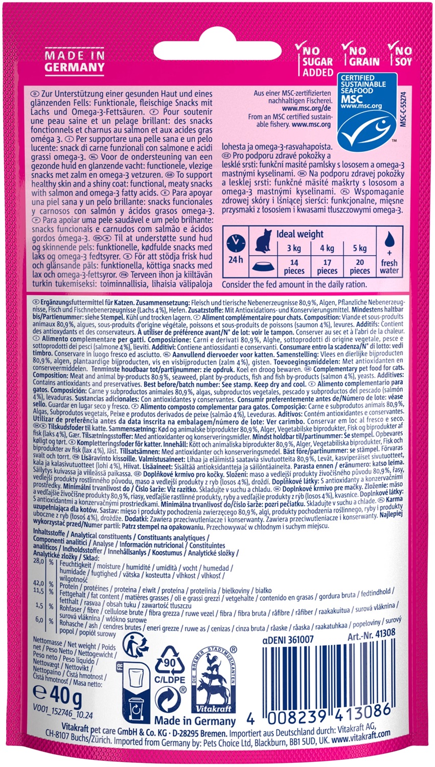 Vitakraft Vita Hearts Skin & Coat Salmone - Snack per Gatti con Omega-3 per Pelle Sana e Manto Lucente - 40 g