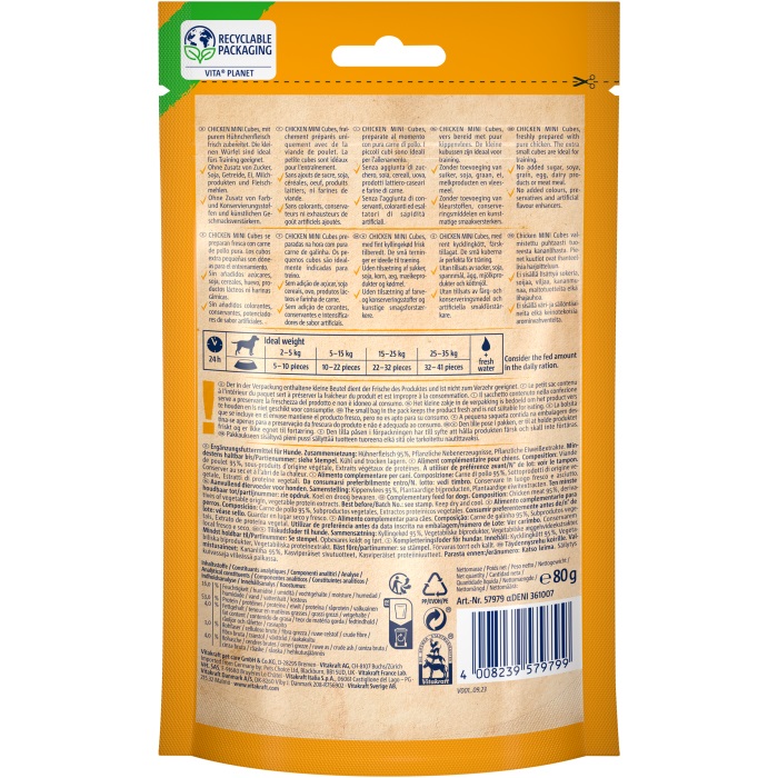 Vitakraft Snack Dog Pure Chicken Mini Cubes - Snack masticabili di pollo per cani di piccola taglia - 80GR