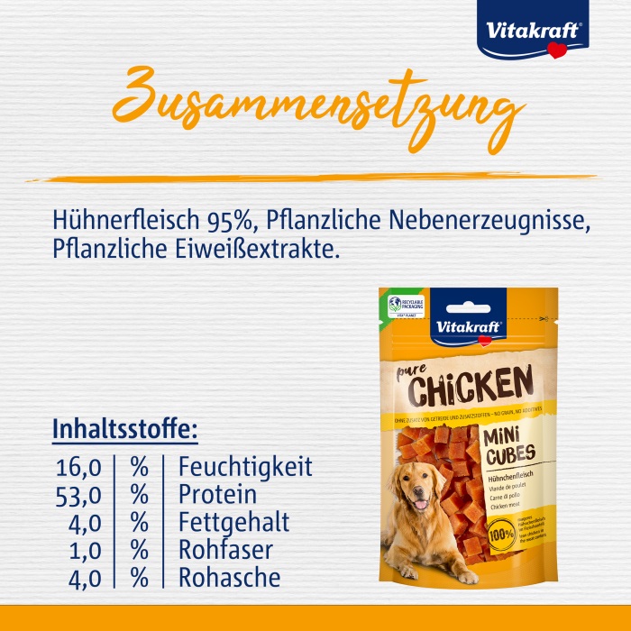 Vitakraft Snack Dog Pure Chicken Mini Cubes - Snack masticabili di pollo per cani di piccola taglia - 80GR