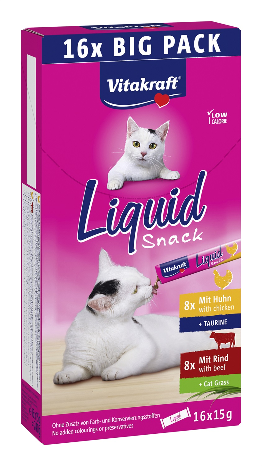 Vitakraft Snack Liquido per Gatti - Doppio Gusto Pollo & Manzo, Multipack 16 x 15 g, Texture Cremosa e Basso Contenuto Calorico